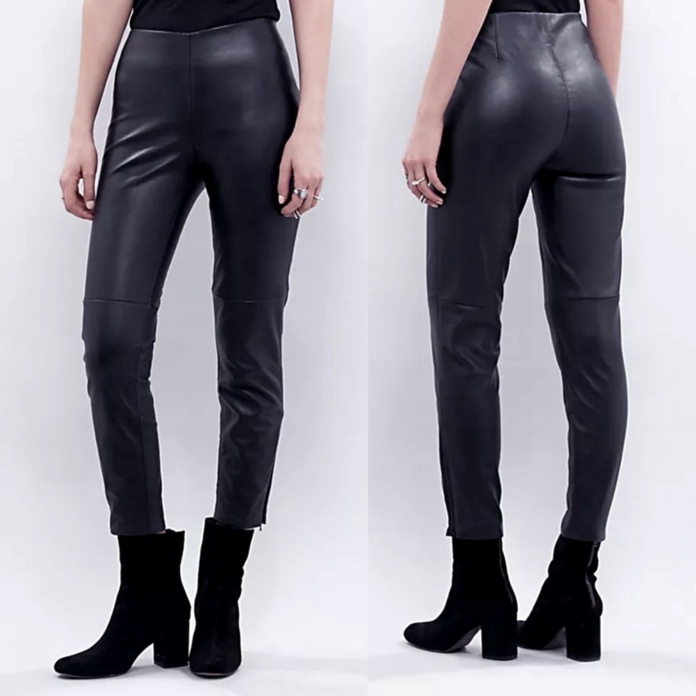 FREE PEOPLE Lana Black Vegan Leather Moto Leggings Zipper Pant Size 12